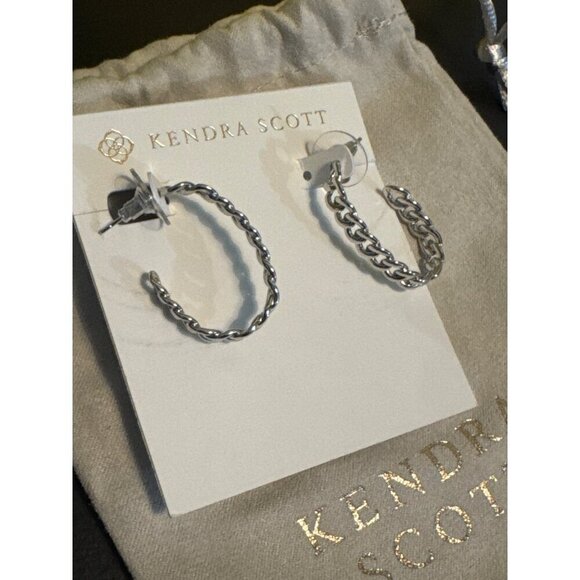 NIB Kendra Scott Silver Chain Link Drusy Necklace & Hoop Earrings Gift Set With - Picture 3 of 5